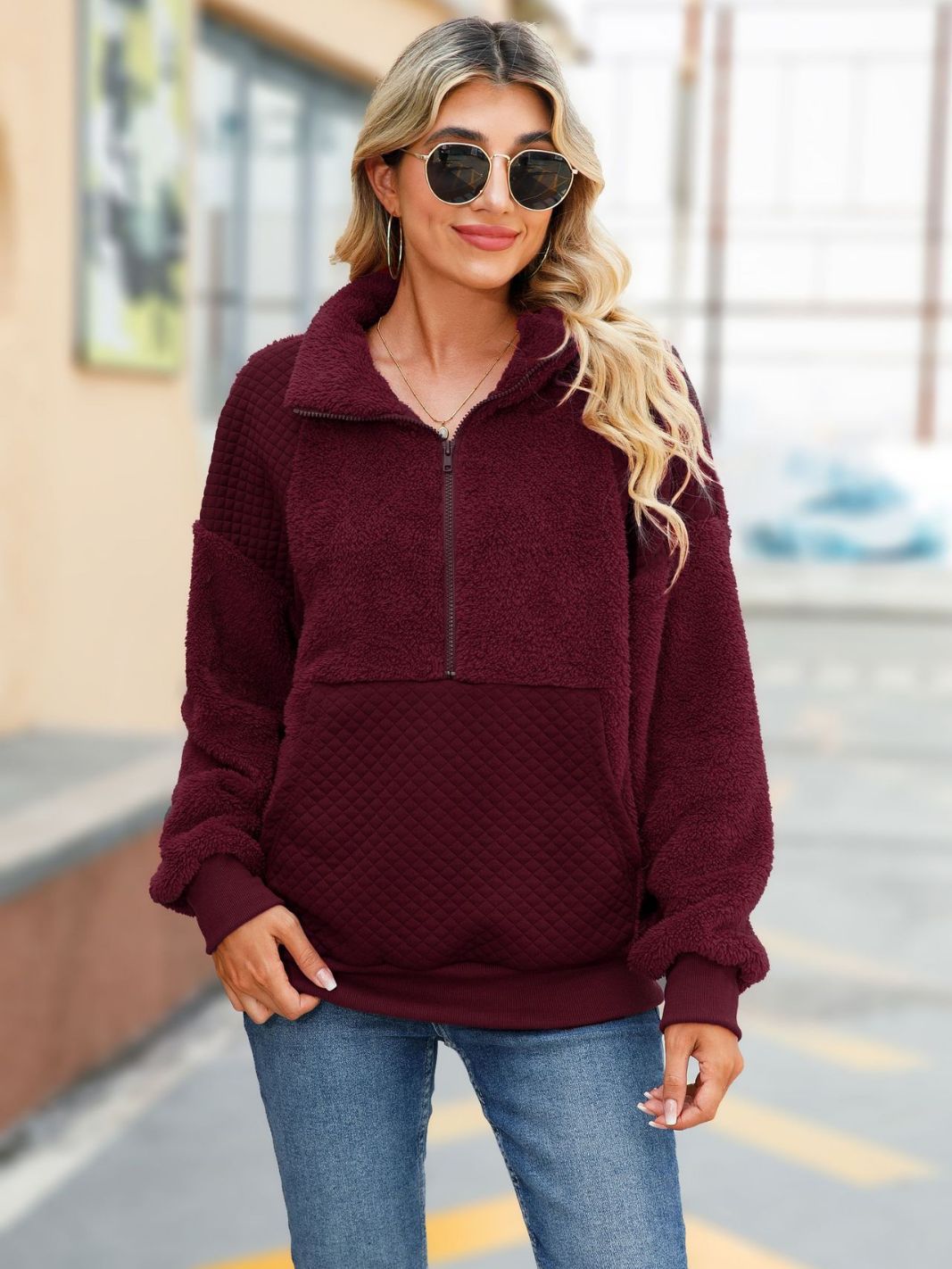 2024042517 Round neck solid color fleece patchwork hoodie