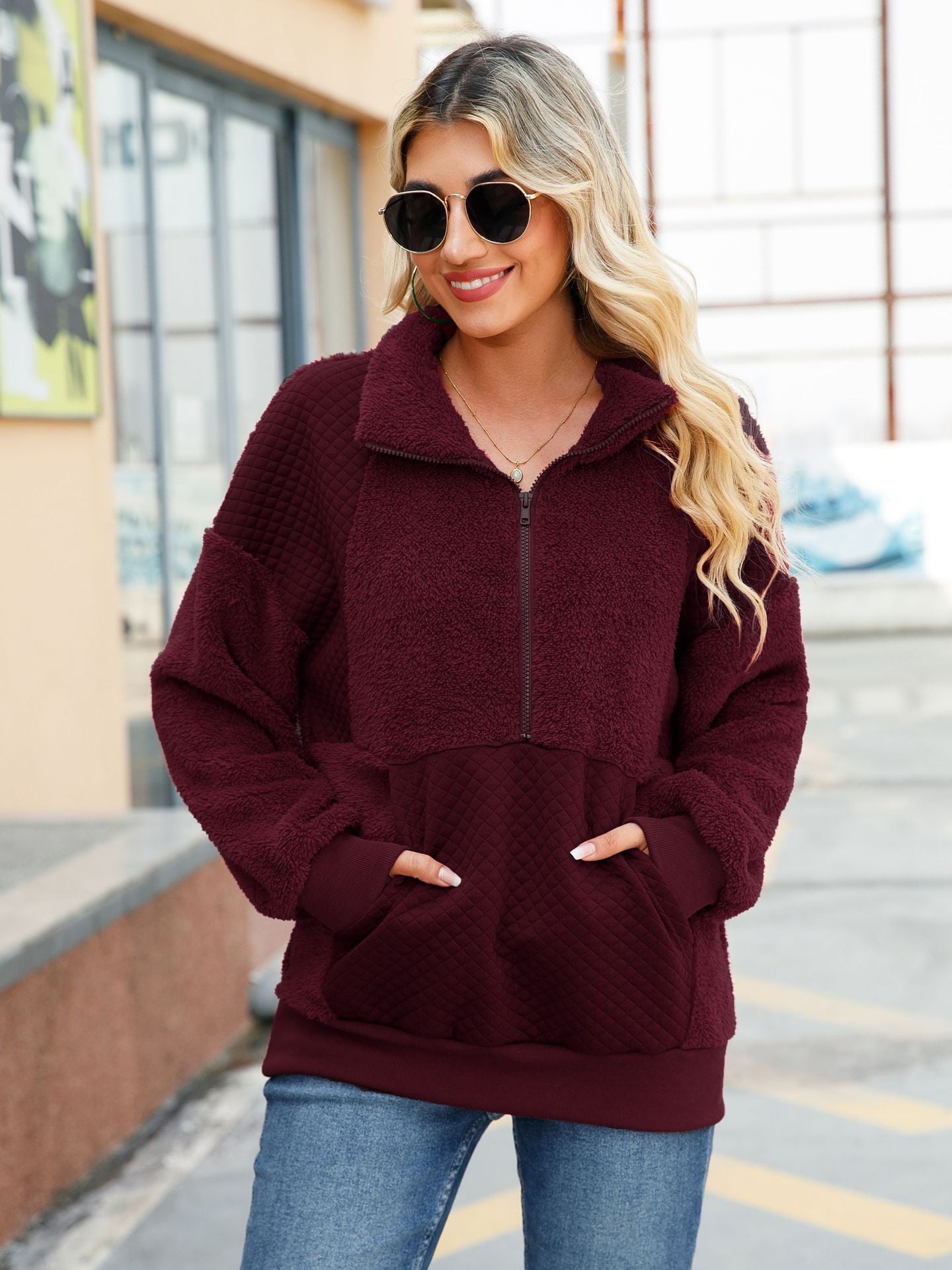 2024042517 Round neck solid color fleece patchwork hoodie